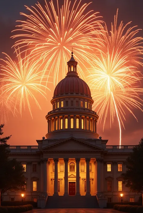 A civil building with fireworks and the color orange