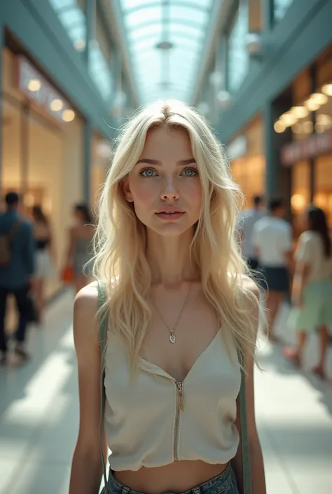 Light-eyed blonde at the mall 
