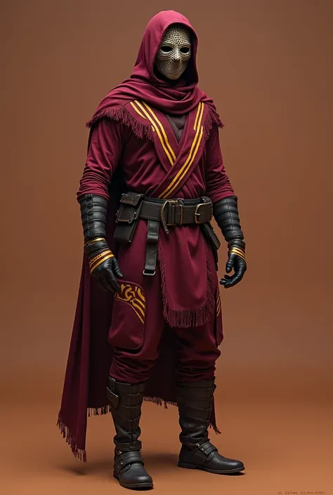  Low-budget costume for a Bolivian hero named Kumara which means blacksmith of the sun, dark cherry color with gold details or stripes and a mask