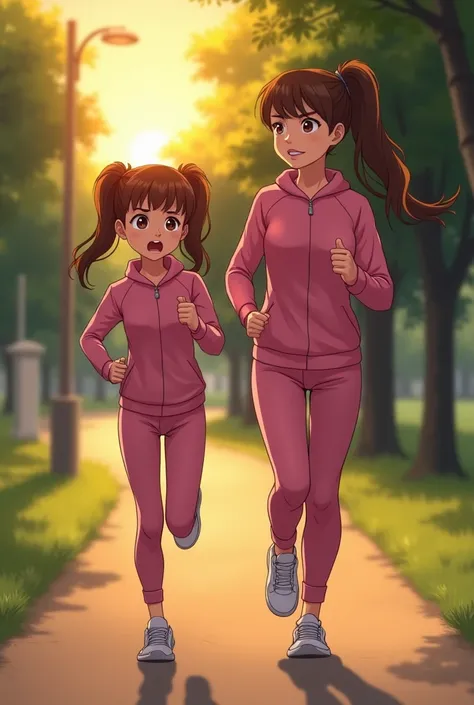 Before sunrise, an animated  girl "wearing pink tracksuit, sports shoes,silky brown hair "is jogging in a park. the girl suddenly bumps into a thin, middle-age woman The womans face is filled with anger, and her eyes have an unusual glow, making the girl u...