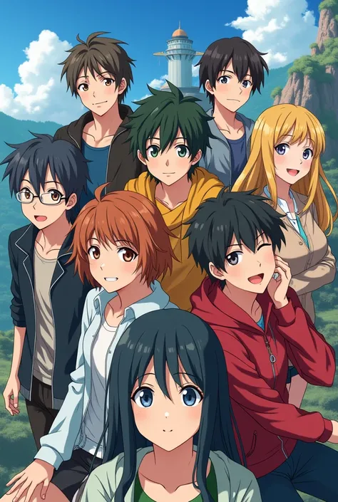 Create a group photo with 5 male teens, 3 female teens in anime style