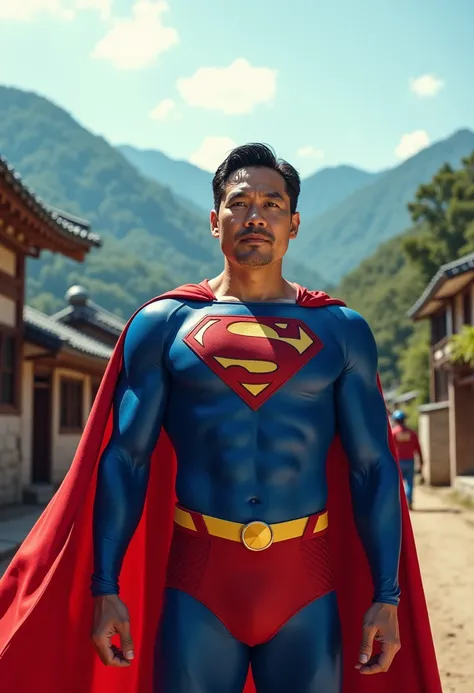 A middle-aged Korean man, wearing a bright blue Superman costume with a red cape, stands confidently in the middle of a traditional Korean village. The background features hanok houses with thatched roofs, surrounded by lush green mountains and a peaceful ...