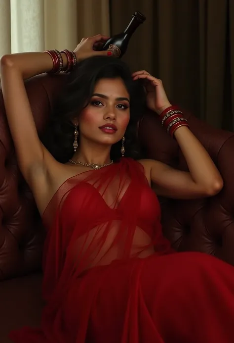 A beautiful Nepali girl in read saree with curvy body in her sofa with revealing her private part horny win bottle in side 