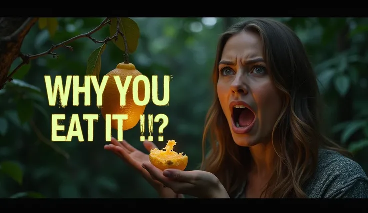 Background: A dense jungle with a mysterious glow around a fruit on a tree.

Person’s Expression: Shocked or guilty, holding half-eaten fruit.

Text Overlay: "Why Did You Eat It?!" in bold, dramatic font.