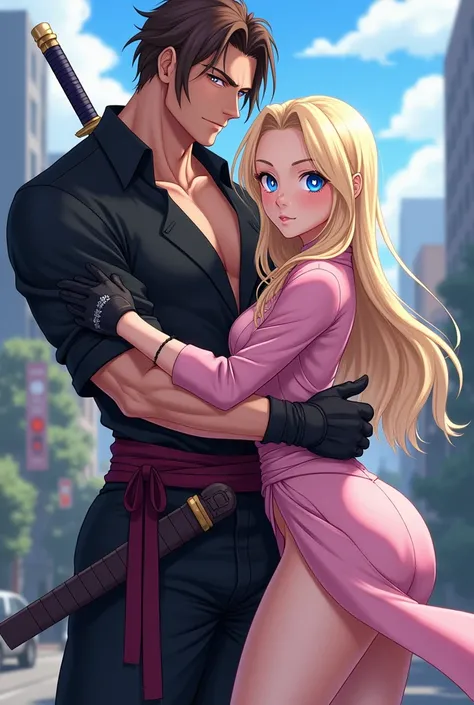 Assassin, beautiful charming woman, long light blonde hair, blue beautiful eyes, big eyes, bright eyes, sexy pink assassin outfit, handsome muscular man hugs her, brown short hair, black assassin outfit, they hold a kunai in their hand, city in the backgro...