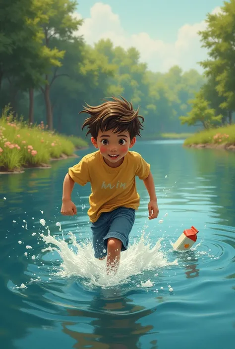 A boy running to get his milk and falls in to a depp lake