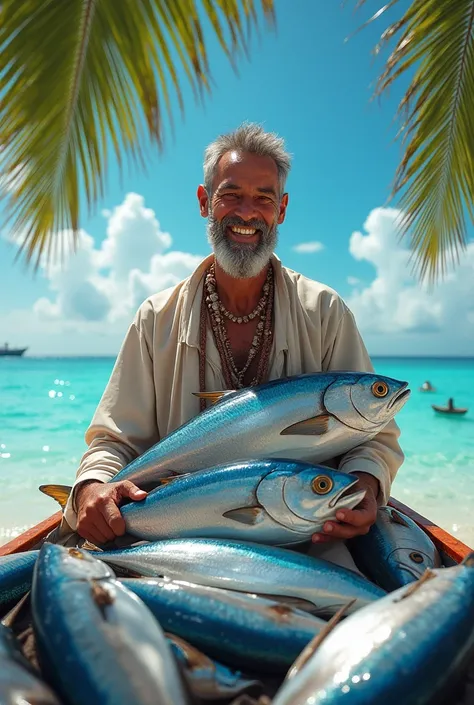 Fisherman, Maldivian, celebrating new year, with lot of tuna