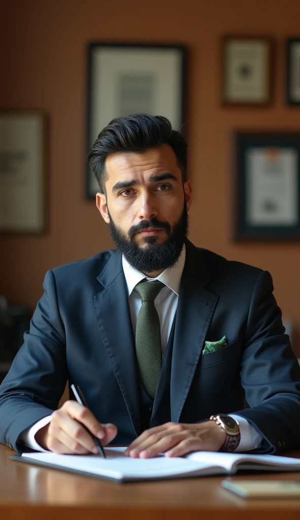 A beautiful Brutal man with a medium length black hair beard,full, Kyrgyz by nationality, age 30 in a suit sits at a table in an office on which is written director and behind on the wall is written AL-Tayyab In his mouth he sucks a pen