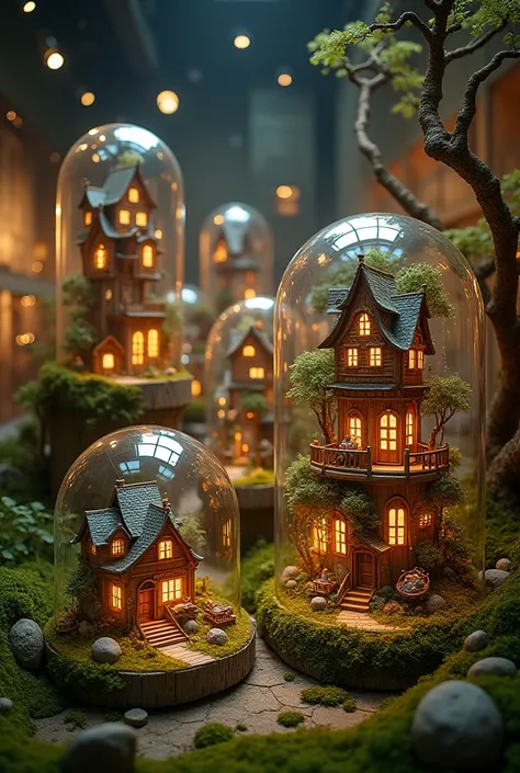 "A stunning indoor display showcasing intricate miniature houses encased in glass domes, with each house uniquely detailed and surrounded by lush, natural elements like twisted trees, moss, and small plants. The scene is illuminated with warm, soft lightin...