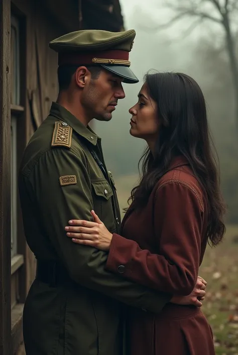 A soldier preparing to leave home, with his wife standing beside him, looking sad.

