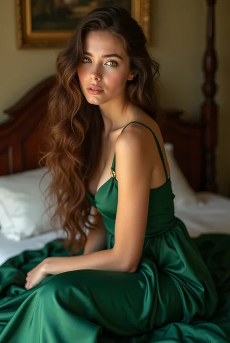 Beautiful girl with long curly brown hair down to her waist.  green eyes,  full lips,  emerald green silk camison lying on an antique four-poster bed, period room .  the woman is in a sensual pose .