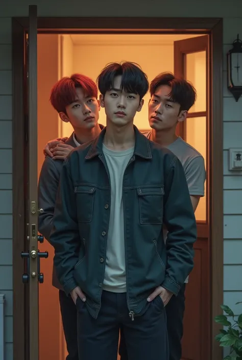 (Korean Realistic Traits) Three men, A 40 year old masculine man , black hair, at the door of the house and two masculine men  , these two hugging behind the guy at the door, one with light brown hair and one with red hair