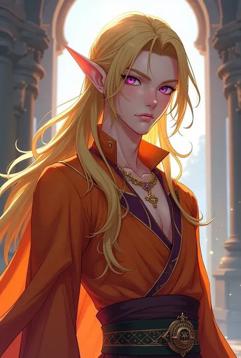 Anime style male elf purple eyes,  Long Gold Hair,  pointy ears, orange tunic 