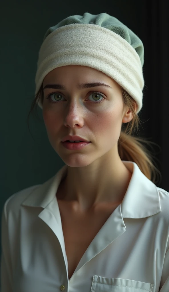 Ultra realistic 35 year old woman,  with a worried look and a bandage on her head