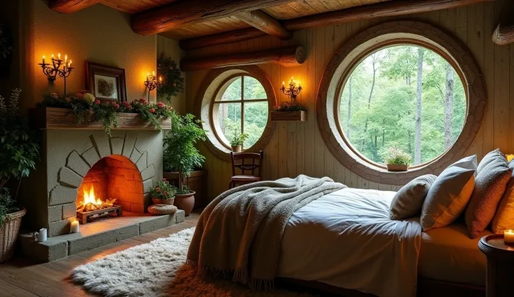 a cozy, tranquil bedroom with a Hobbit-style aesthetic, showcasing round windows that frame a lush, green forest view outside. The rooms centerpiece is a stone fireplace, softly glowing with a warm fire, flanked by rustic wooden shelves adorned with greene...