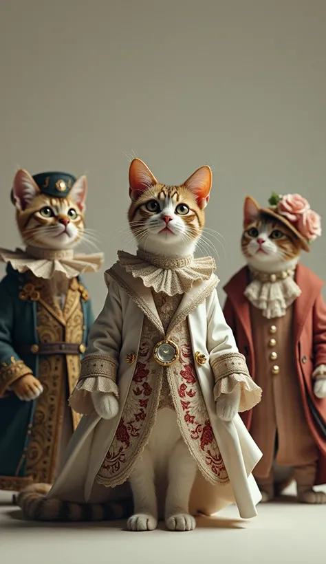 Create a realistic picture of several cats dressed in fancy clothes showing stunned facial expressions.create images consistently