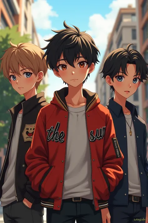 3 boys aged 16-17 .  The one in the middle wears a jacket that says “The Suns” in Spanish,  have black hair and brown eyes .  On their right another boy wearing the same jacket .  And on the left a boy in a posh school uniform ,  blue eyes and light brown ...