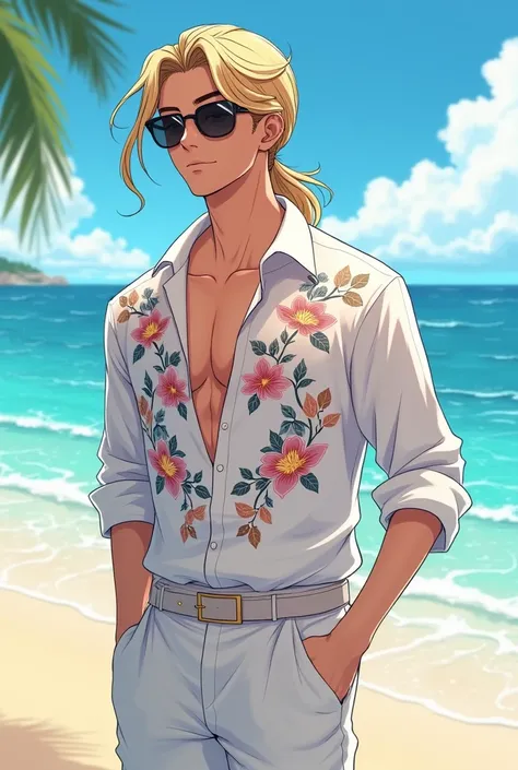 anime with sun glasses white floral beach outfit long hair pony tail guy