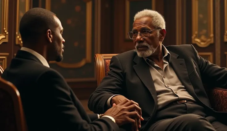 A real picture showing a wealthy Old black man sitting together with his young black man, telling him about terrible things that happened, sitting together in a beautiful mansion 