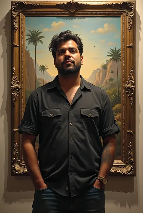 there is a man that is standing in front of a painting, joseph moncada, carlos ortega elizalde, Christian Orrillo, andres rios, victor maristane, mario martinez, eloy morales, luiz escanuela, jose miguel roman frances, David Rios Ferreira, Joel Torres,  Sa...