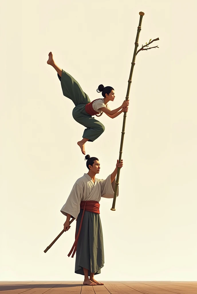 The teacher and the student ren are performing an acrobatic performance by the teacher standing with a bamboo cane while the pupil is climbing a bamboo cane.