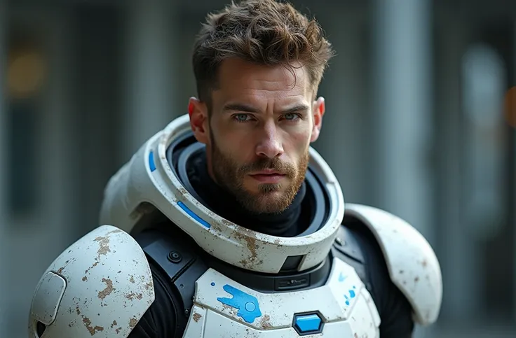 Muscular human white man with short brown messy curly hair and beard, pale grey eyes, handsome, wearing damaged dirty white sci fi superhero suit with blue sci fi patterns, with black undersuit, full body, Super Detailed, in space 