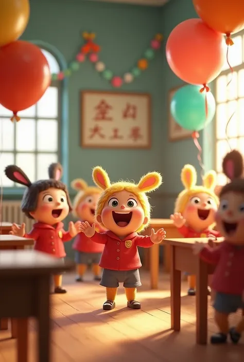 Generate in cinematic 3d cartoon style A group of cheerful ren in a small, rural schoolroom decorated with colorful balloons and streamers, celebrating New Year with bright smiles on their faces.