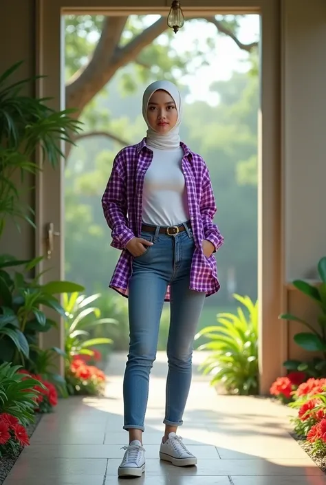 A beautiful Indonesian woman, wearing a hijab, wearing a bright purple and white checkered shirt with no buttons (tight white turtle neck t-shirt) and high waisted tight jeans. canvas shoes, standing in front of an open room with colorful mini flowers unde...