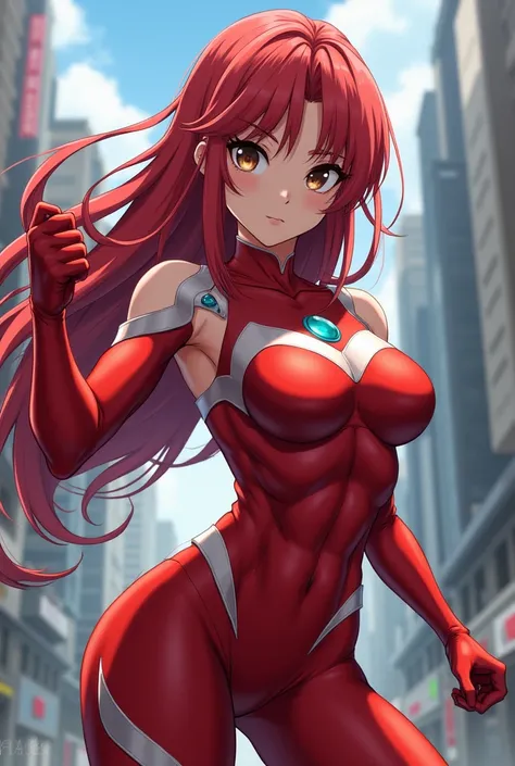 My Hero Academia Style , Anime girl, female, young female ,Full Body Shot,(fighting Pose:1.3),Long hair, Red Hair,  Brown Eyes,Hero Suit, Full Body Suit, red suit with white details,small round blue jewel in the center of the chest, perfect anatomy,  Tough...