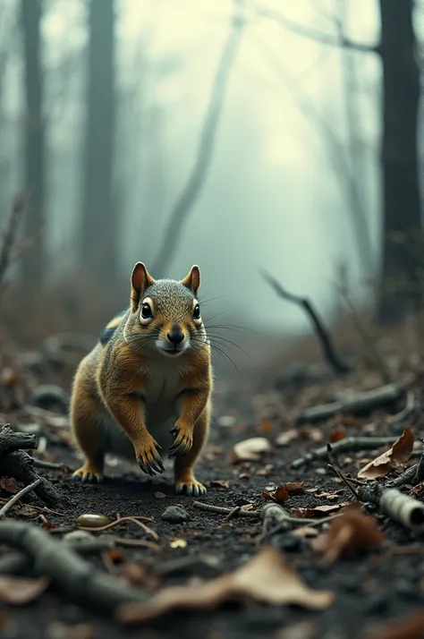 Mother squirrel limping through a desolate landscape filled with tree stumps, broken branches, and tire tracks. The forest is now barren, with smoke rising from piles of burning wood in the distance.