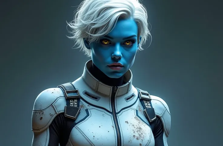 Muscular blue woman with short white messy curly hair, pale yellow eyes, wearing damaged dirty white sci fi superhero suit with blue sci fi patterns, with black undersuit, full body, Super Detailed, in space 