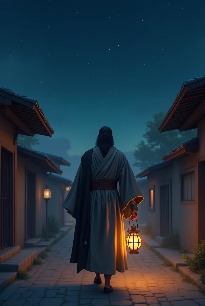 A noble man wearing simple robes, walking through a quiet village street under the night sky, holding a lantern in his hand, a few stars visible in the dark sky, simple clay houses on both sides of the street, the atmosphere calm yet serious, symbolizing c...