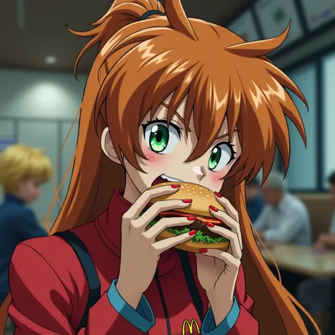 Evangelions Soryu Asuka Langley is eating a McDonalds hamburger in a vulgar manner　 strong contrast　 highest image quality taken by Ki　HDR　live-action