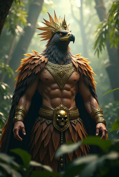 A hyper-realistic depiction of a majestic humanoid eagle king in a dense jungle. The camera angle is a dramatic medium-close shot, slightly upward-facing to emphasize the characters dominance and regal aura. The character has an eagles head with sharp, pie...