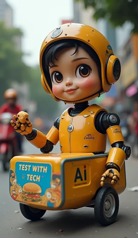 "The AI boy in robotic formlooking directly at the camera, holding a golgappa in one hand and gesturing towards the cart with the other. The carts board reads Test with Tech - AI Golgappa Wala." Real photo 