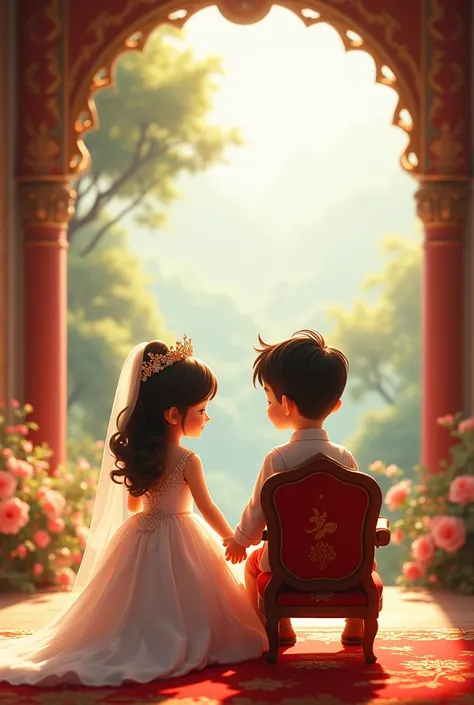 A boy and girl is sitting on the chair of wedding hall in the dress of Bride and groom and beautiful view behind them 