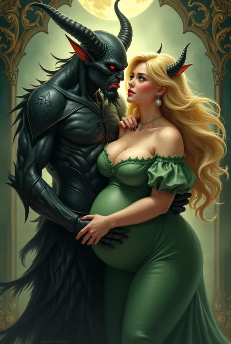 Love couple, a fat women with green eyes and blond hair with a demon