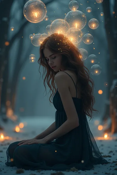 Today is 31st December, new year is coming, i want a image of a wavy haired beautiful girl, who is sitting alone sad thinking and dreaming in her head that she also want to do party, be happy with his lover.  Showing some bubbles that represents her mind. ...