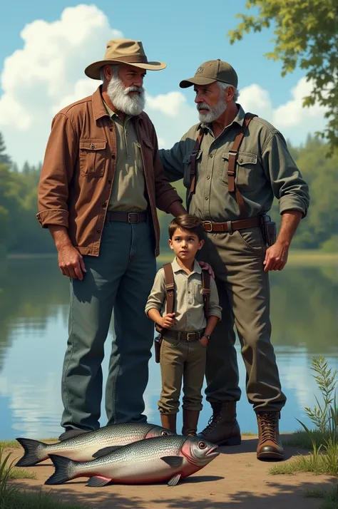  A grandfather, father, and son standing by a lake with three fish on the ground.]