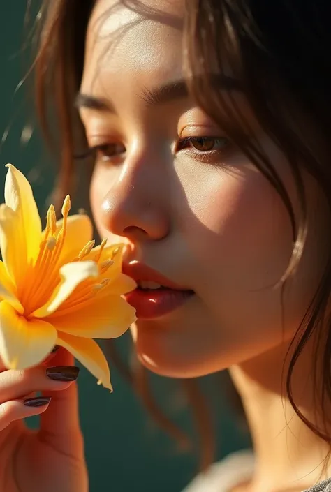 the shadow of the flower falls on her face, close up portrait of radiant,
Chilean young woman to sniff a beautiful flower,
a modern Vogue feature,
Canon EF 85mm f/1.4 L IS USM Lens, shutter speed 1/125,
aperture f/11.0, ISO 100, 8k, HDR, cinematography, ph...