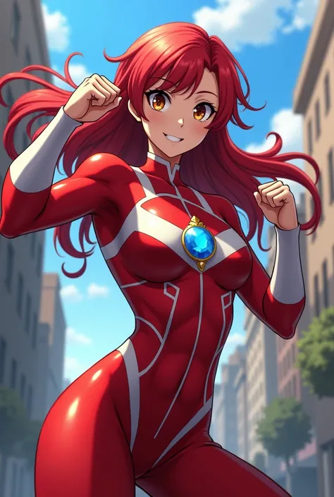 My Hero Academia Style , Anime girl, female, young female ,Full Body Shot,(fighting Pose:1.3),Long hair, Red Hair,  Brown Eyes,Hero Suit, Full Body Suit, red suit with white details,small round blue jewel in the center of the chest, perfect anatomy,  Tough...