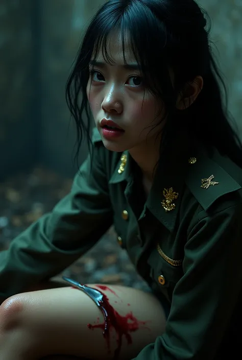 A beautiful Asian woman, military uniform with tie, micro miniskirt, long boots, suffering expression, crying, heavy bleeding from her thighs, (((knife impaled in her thigh))), man stabbing her thigh with a knife,(best quality,4k,8k,highres,masterpiece:1.2...