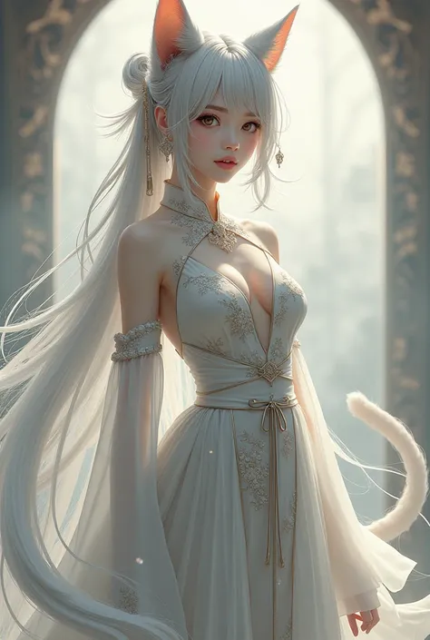 Nahida, Chinese dress,  full body ,  silver hair ,  silver eyes ,  cat ears, cat tail