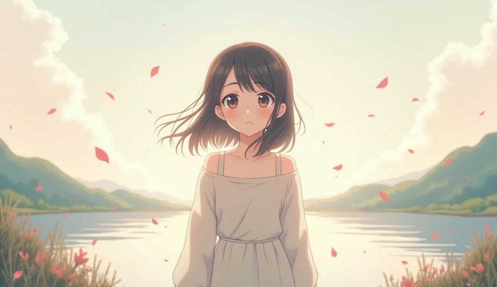 youtube video background image for a lo fi chillout track called ‘Echoes of Serenity’ , anime style with cute anime woman
