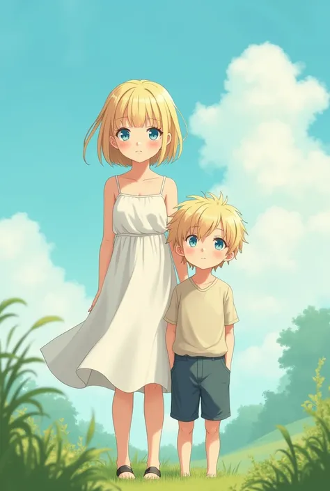 Village anime girl wearing pure white single strap, short hairstyle with blonde bangs, fragile teenage boy, smiling, innocent, blue eyes 