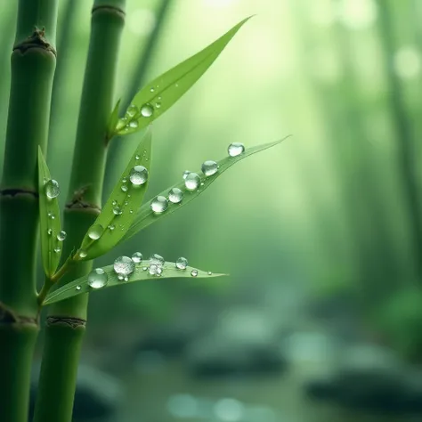 Bamboo leaves with glass beads on the left with water drops and a blurred green background