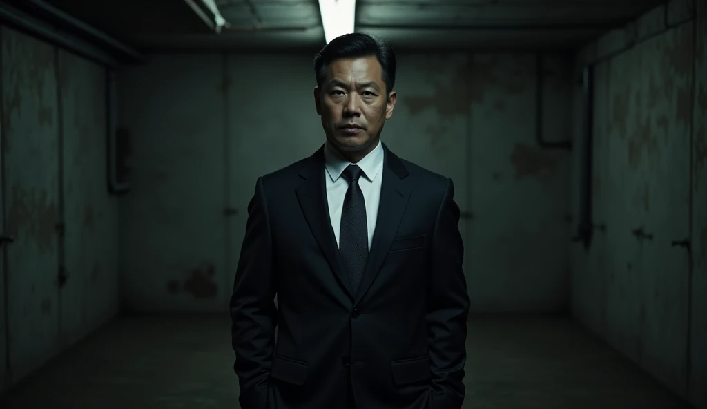 Asian in a serious suit in front of a dark basement, 4K