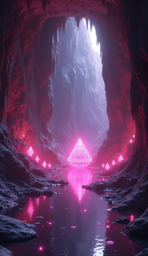 Create a dark cave with pink diamonds illuminating it 