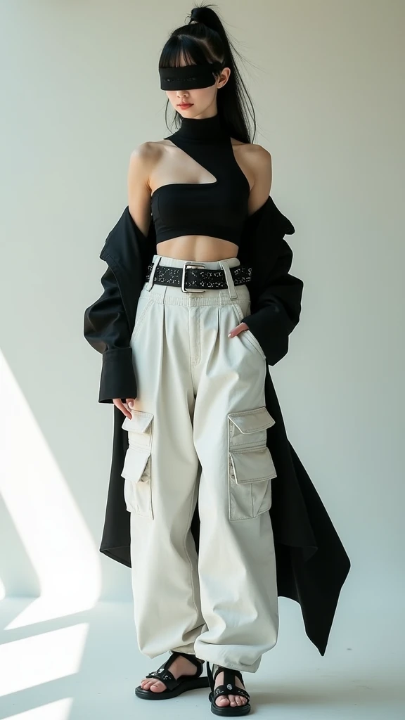  A young woman with futuristic fashion style in donghua graphic ,  wearing a black asymmetrical crop-top and white cargo pants with a wide cut,  features pocket details and decorative belt .  Long black jacket dangling from one side ,  gives dynamic impres...