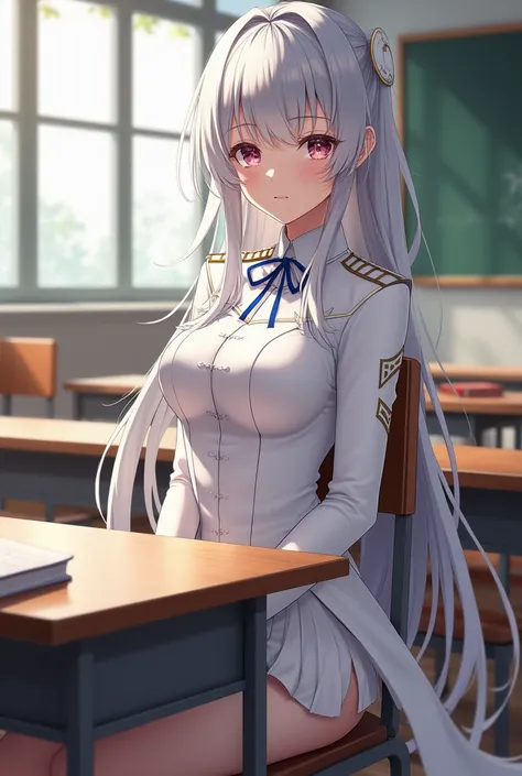 Shogun Raiden from Genshin in white school uniform sitting in the classroom